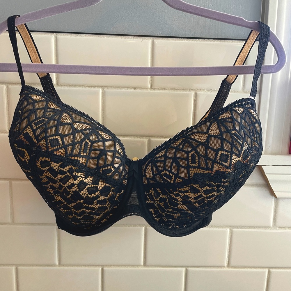 32H FREYA Soiree Black Lace Over Nude Bra, NEW!